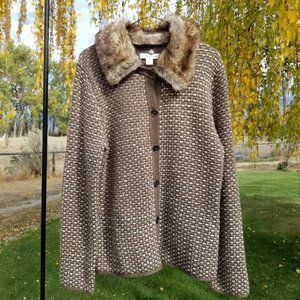 Coldwater Creek Faux Fur Collar Wool Blend Cardigan Size Medium